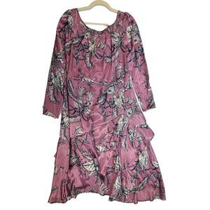 NWT Marchesa Notte Lilac Floral Silk-Look Ruffle Midi Dress Long Sleeve Size 8